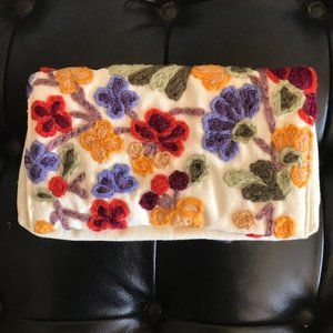 Woven Canvas Cotton Clutch With Floral Embroidery